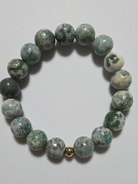 Handmade 14mm Tree Agate Gemstone Stretch Bracelet 7.5 Inch Statement Boho